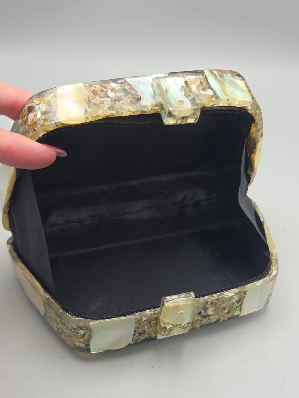 Vintage mother-of-pearl and abalone shell mosaic acrylic/lucite evening clutch